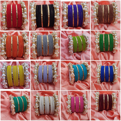 bangles for girls , Gajra bangles set , velvet bangles set with trendy Gajra kary , Gajra velvet glass bangles set for girls , velvet glass bangles for girls