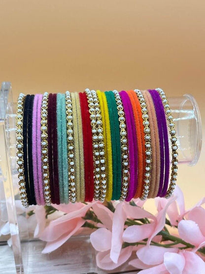 velevt bangles set for ladies with moti churriyan _ Trendy elegant 15 picecs bangles set for women glass velvet bangles set unique desgin