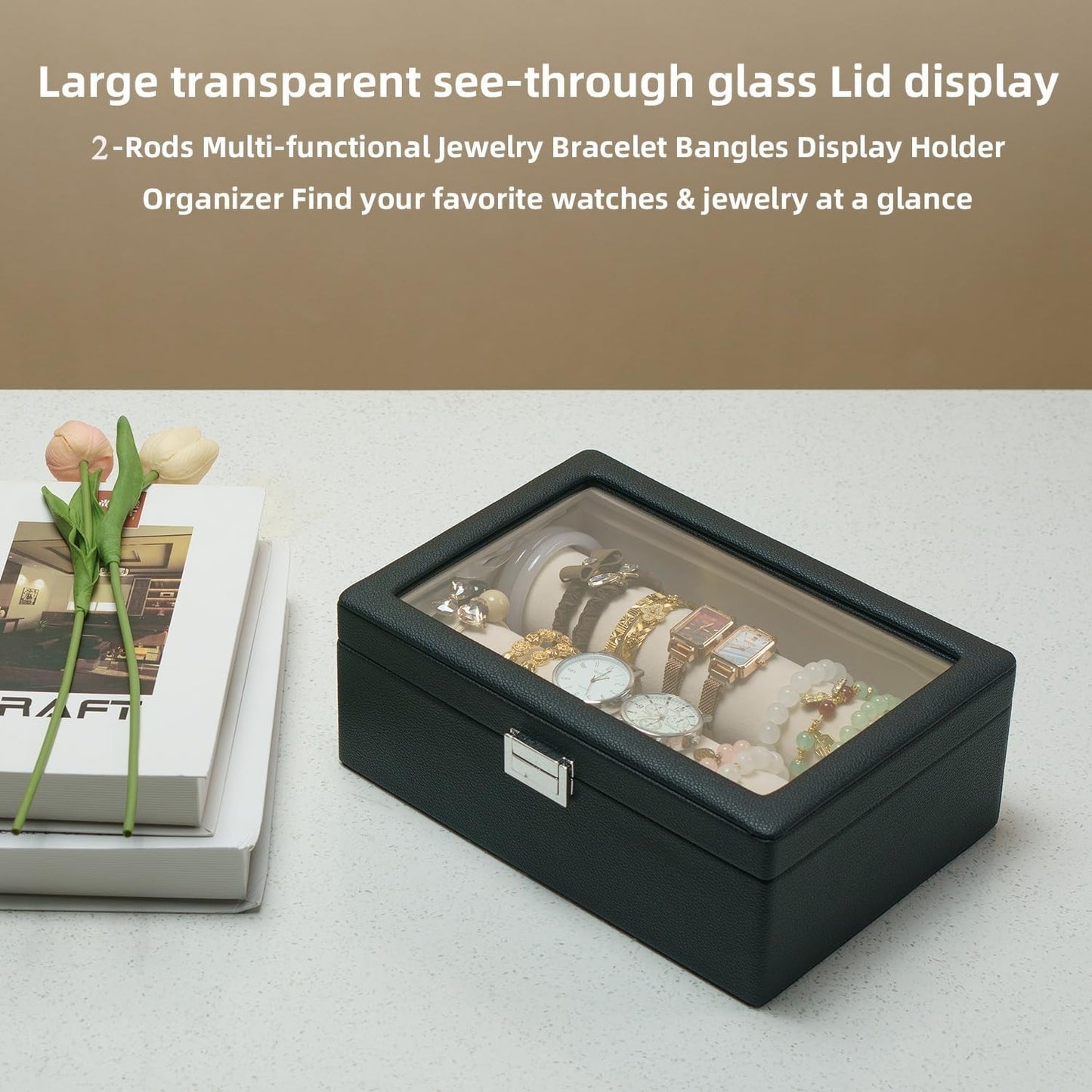 Premium Bangle Bracelet Storage Organizer Box, Jewelry Storage Case with 2 Rods, Bangle Watch Display Tray for Women Girls