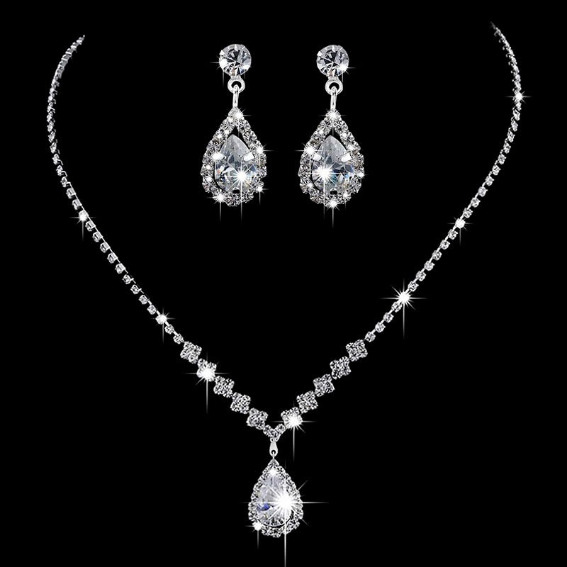 【Hot demand】3Pcs Luxury Simple Rhinestone Necklace Drop Earrings For Women Girls Fashion Exquisite Jewelry Set Wedding Bride Accessories CHAINI