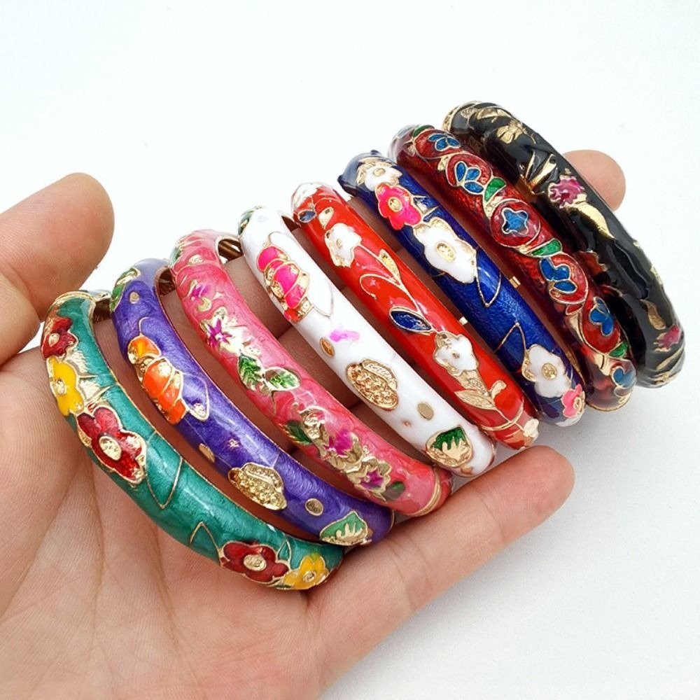 【Hot demand】Bohemian Chinese Cloisonne Bracelet Traditional Double Bangle Peony Filigree Flower Bangle Ethnic Classic Women's Hand Bracelet Gifts for Women Girl