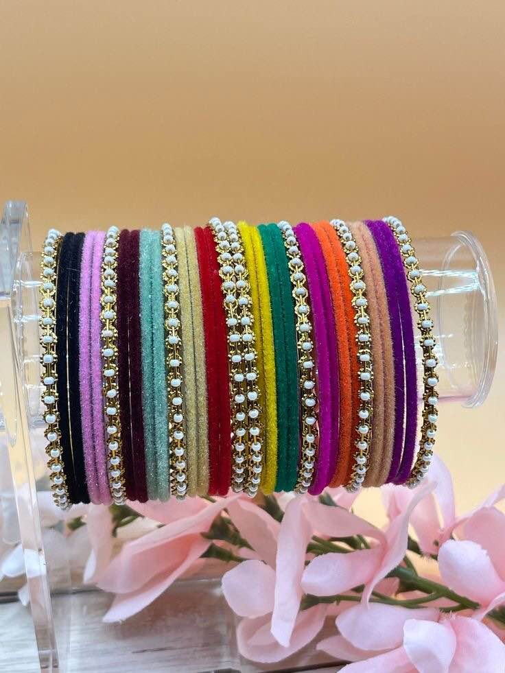 velevt bangles set for ladies with moti churriyan _ Trendy elegant 15 picecs bangles set for women glass velvet bangles set unique desgin